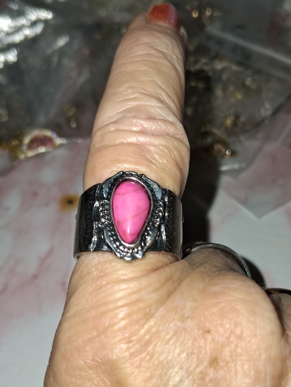 Silver Band Ring with Pink Teardrop Stone